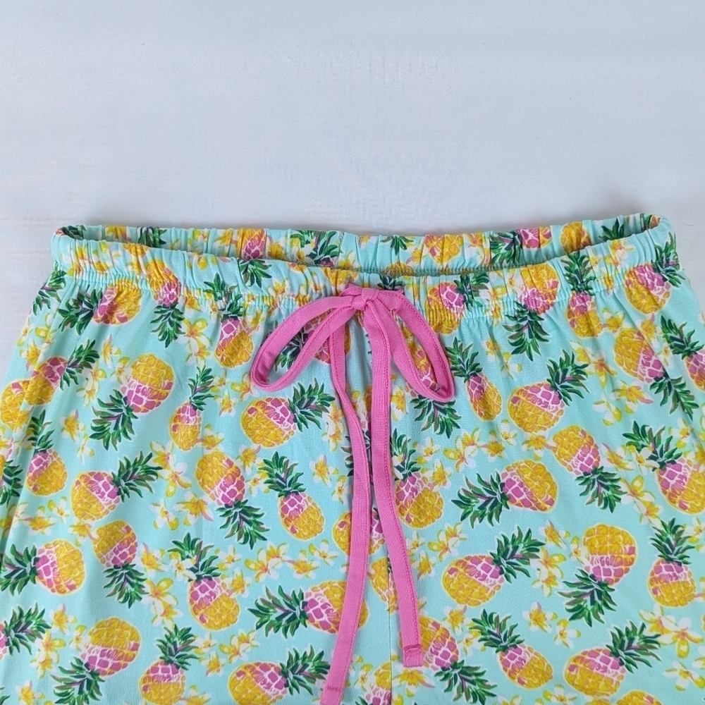 Pillow Talk Tropical Pineapple Print PJ Set Short Sleeve Top Pants Aqua M NWT - Picture 3 of 12
